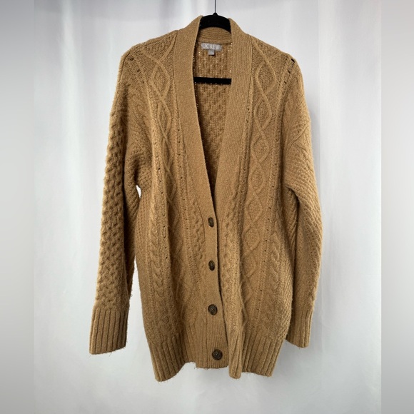 J. Crew Cable Knit Stretch Merino Wool Cardigan Sweater in Brown Size Medium - Picture 2 of 9